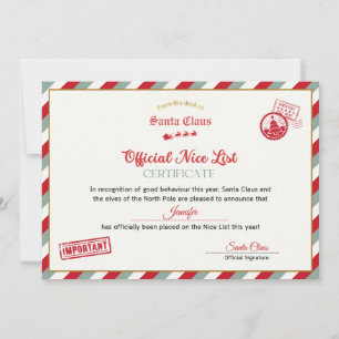 Personalised Official Nice List Certificate Santa Invitation