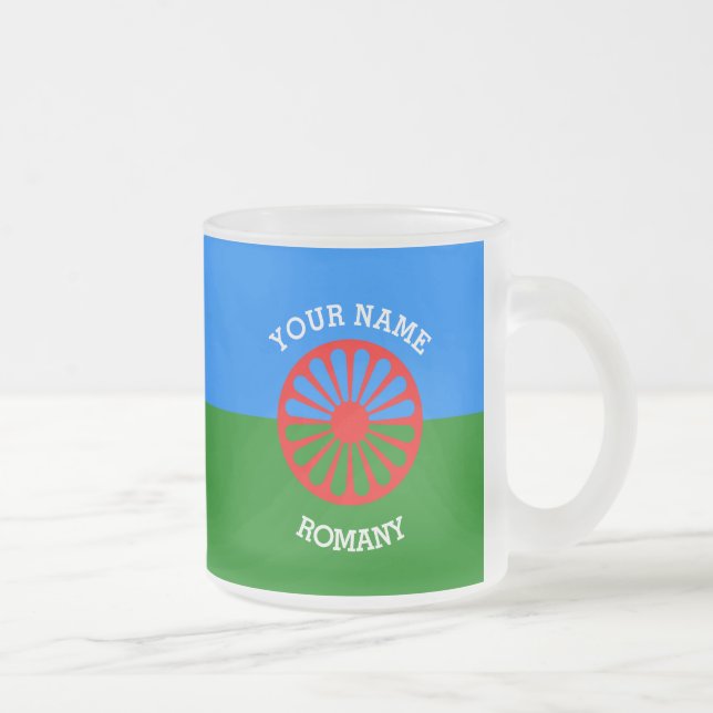 Personalised Official Romany gypsy travellers flag Frosted Glass Coffee Mug (Right)