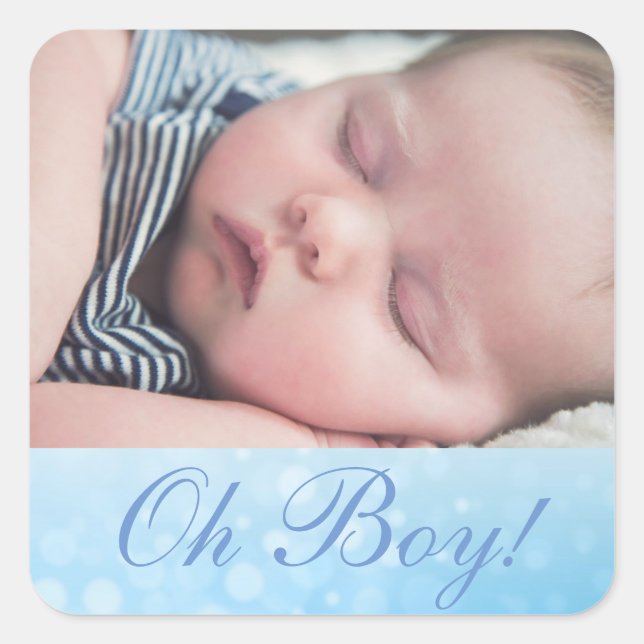 Personalised "OH Boy" Photo New Baby Announcement Square Sticker (Front)