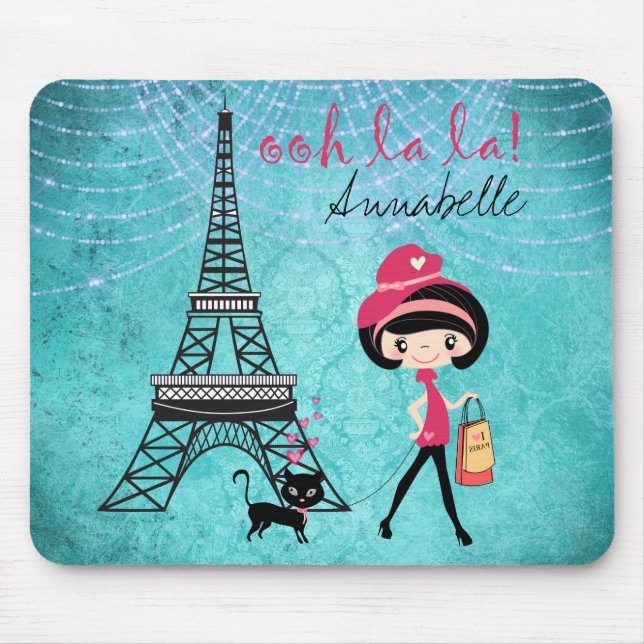 Personalised Oh La La Paris Girl and Cat Mouse Mat (Front)
