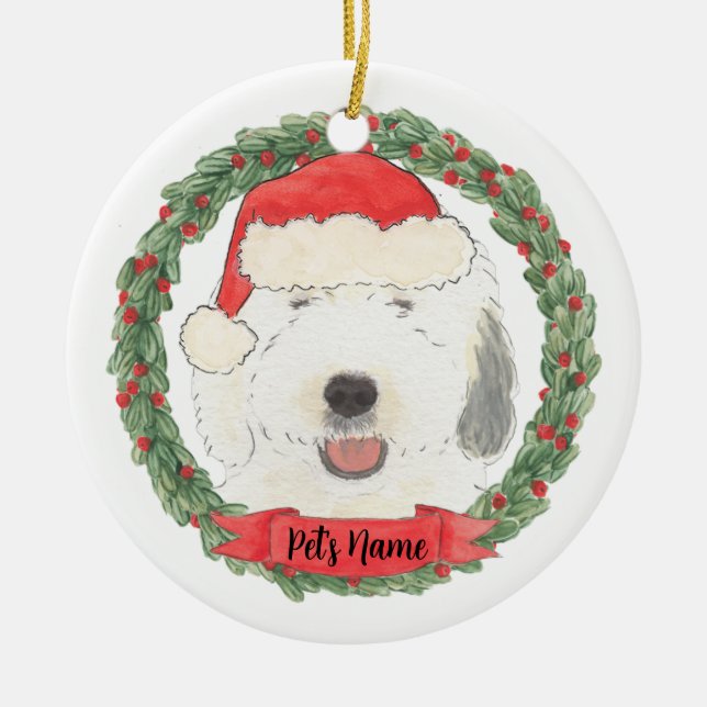 Personalised Old English Sheepdog Ceramic Tree Decoration (Front)
