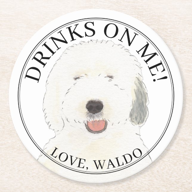 Personalised Old English Sheepdog Dog Wedding Round Paper Coaster (Front)