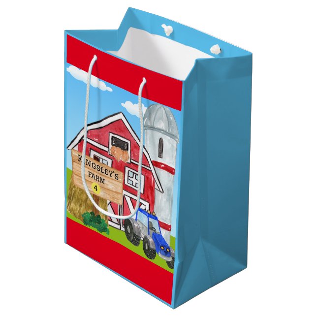 Personalised Old MacDonald's Farm Blue Tractor Medium Gift Bag (Front Angled)