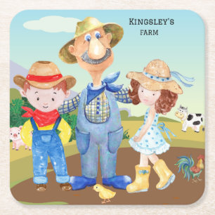 Personalised Old MacDonald's Farm Blue Tractor Square Paper Coaster