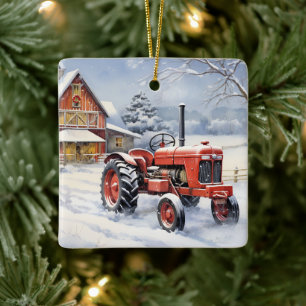 Personalised Old Red Tractor Winter Farm Christmas Ceramic Ornament