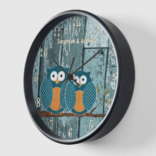 Personalised Old Rustic Aqua Wood Love Bird Owls Wall Clock