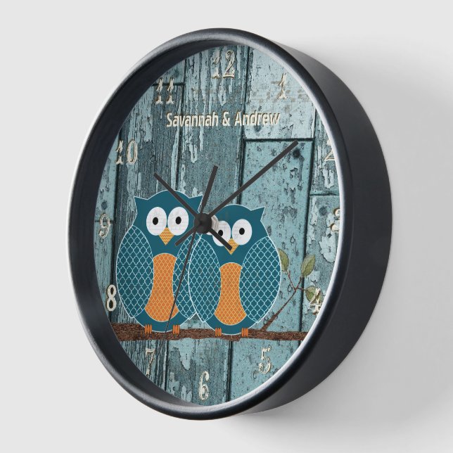 Personalised Old Rustic Aqua Wood Love Bird Owls Wall Clock (Angle)