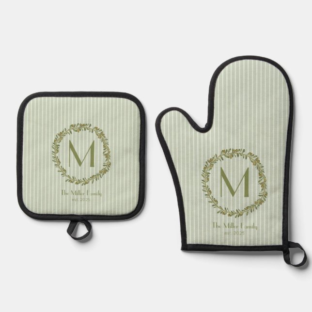 Personalised Olive Wreath Monogram  Oven Mitt & Pot Holder Set (Front)