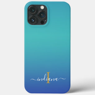 Personalised Ombre Monogram Blue Turquoise Script iPhone 13 Pro Max Case