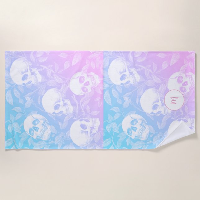 Personalised ombre pastel Goth Skulls  Beach Towel (Front)