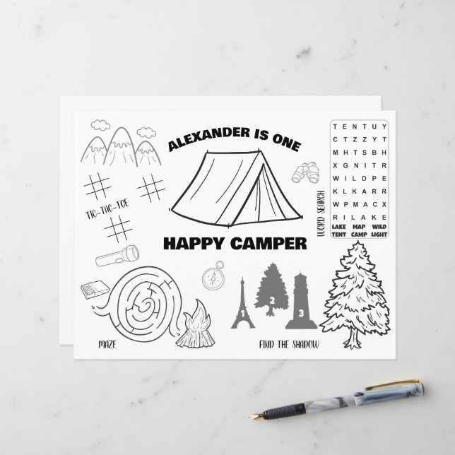 Personalised One Happy Camper Colouring Placemat (Front/Back In Situ)