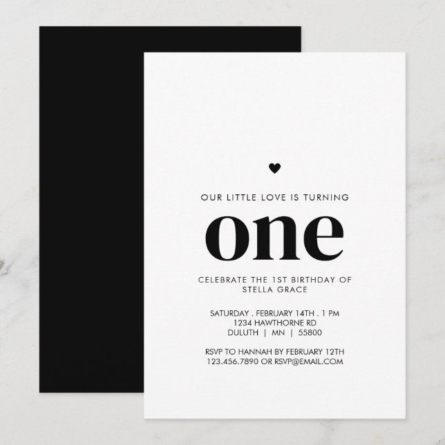 Personalised One Heart First Birthday Invitation (Front/Back)