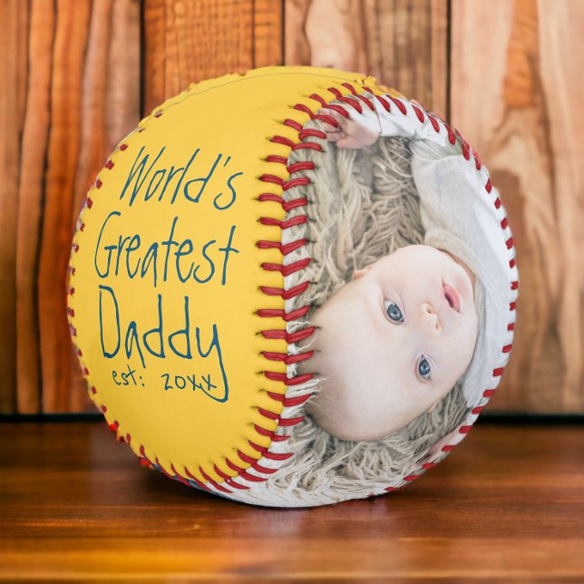 Personalised One Of A Kind Custom Made Fathers Day Softball (World's best daddy, yellow softball with photo template. Personalized gift ideas from Ricaso )