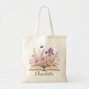 Personalised Open Book Blooming Flower Garden Tote Bag