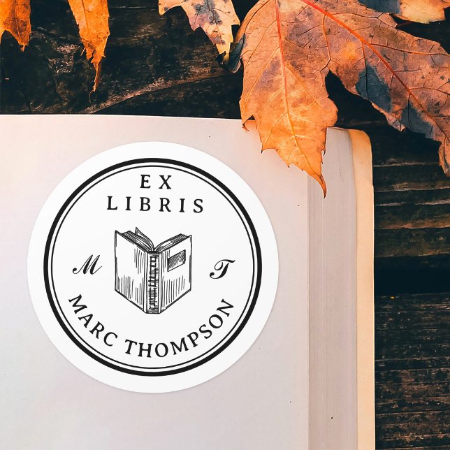Personalised Open Book Classic Monogram Library Classic Round Sticker (Creator Uploaded)