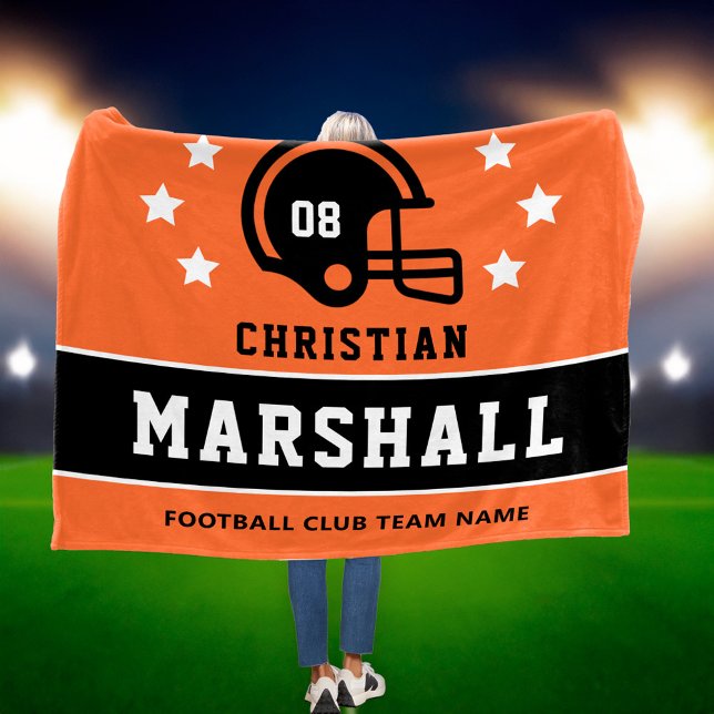 Personalised Orange and Black Football Player Name Fleece Blanket (Creator Uploaded)