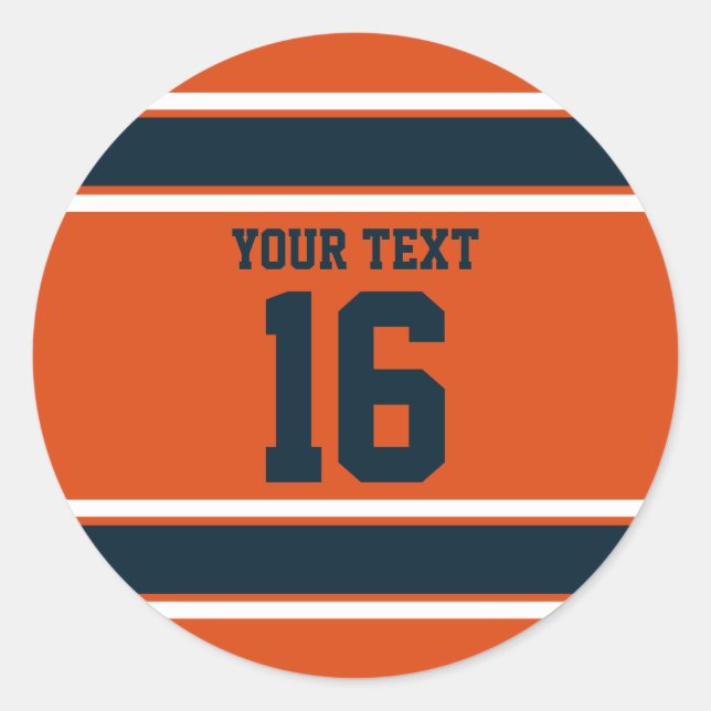 Personalised Orange and Dark Blue Sports Stripes Classic Round Sticker (Front)