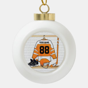 Personalised Orange and White Ice Hockey Jersey Ceramic Ball Christmas Ornament