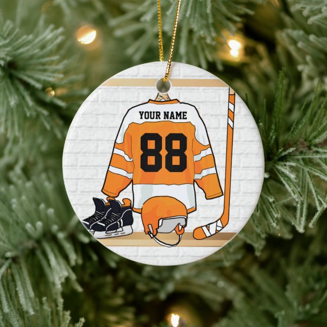 Personalised Orange and White Ice Hockey Jersey Ceramic Tree Decoration (Tree)