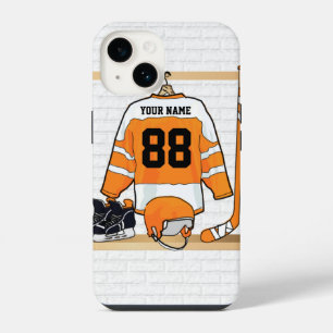 Personalised Orange and White Ice Hockey Jersey iPhone 14 Case