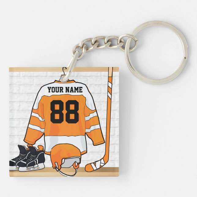 Personalised Orange and White Ice Hockey Jersey Key Ring (Back)