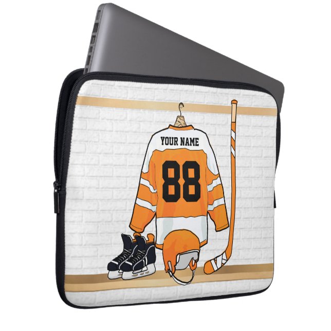 Personalised Orange and White Ice Hockey Jersey Laptop Sleeve (Front Right)
