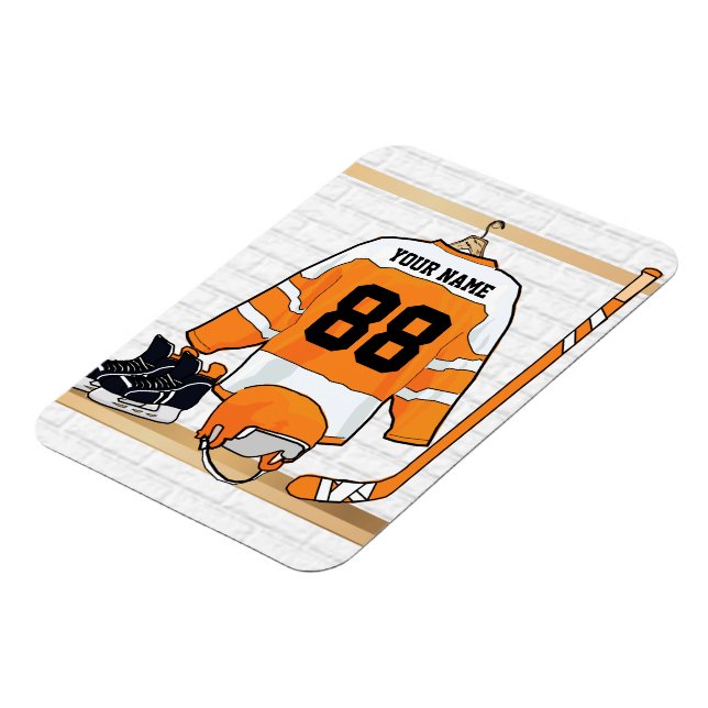 Personalised Orange and White Ice Hockey Jersey Magnet (Left Side)