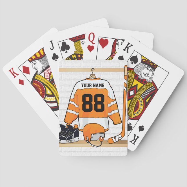 Personalised Orange and White Ice Hockey Jersey Playing Cards (Back)