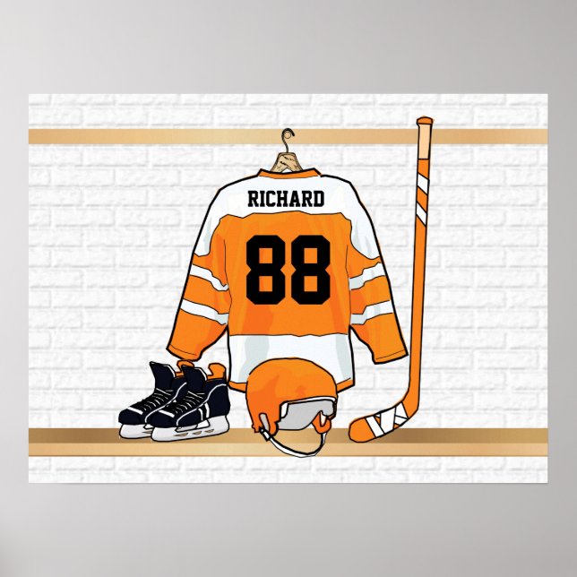 Personalised Orange and White Ice Hockey Jersey Poster (Front)