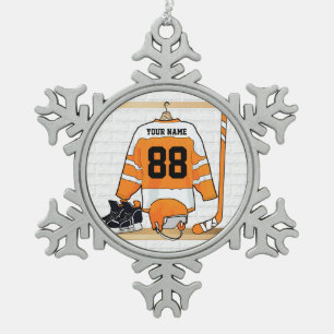 Personalised Orange and White Ice Hockey Jersey Snowflake Pewter Christmas Ornament
