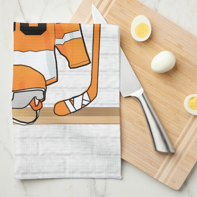 Personalised Orange and White Ice Hockey Jersey Tea Towel (Quarter Fold)