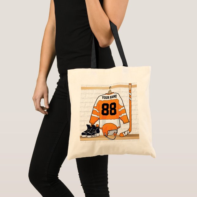 Personalised Orange and White Ice Hockey Jersey Tote Bag (Front (Product))