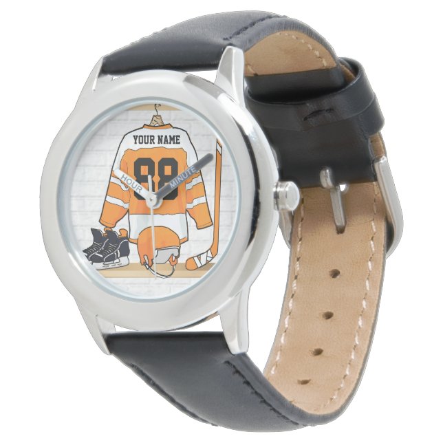 Personalised Orange and White Ice Hockey Jersey Watch (Angled)