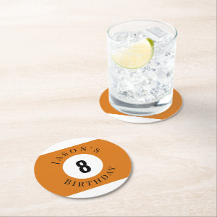 Personalised Orange Billiard Pool Ball Birthday Round Paper Coaster