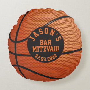 Personalised Orange Black Basketball Bar Mitzvah Round Cushion