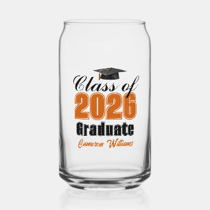 Personalised Orange Black Class of 2026 Graduation Can Glass