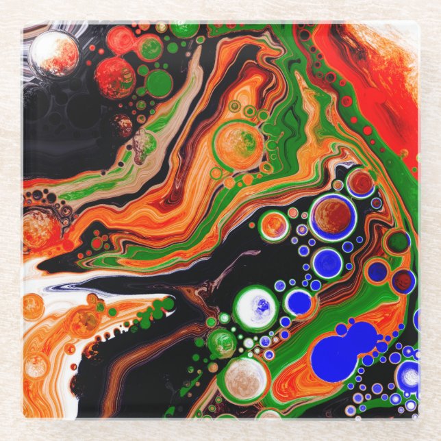 Personalised Orange, Blue, Green, Black Fluid Art  Glass Coaster (Front)