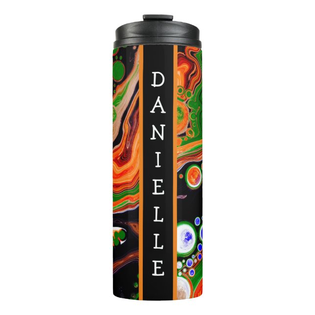Personalised Orange, Blue, Green, Black Fluid Art  Thermal Tumbler (Front)