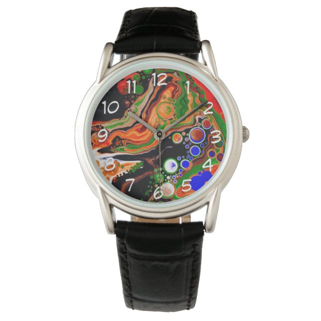 Personalised Orange, Blue, Green, Black Fluid Art  Watch (Front)