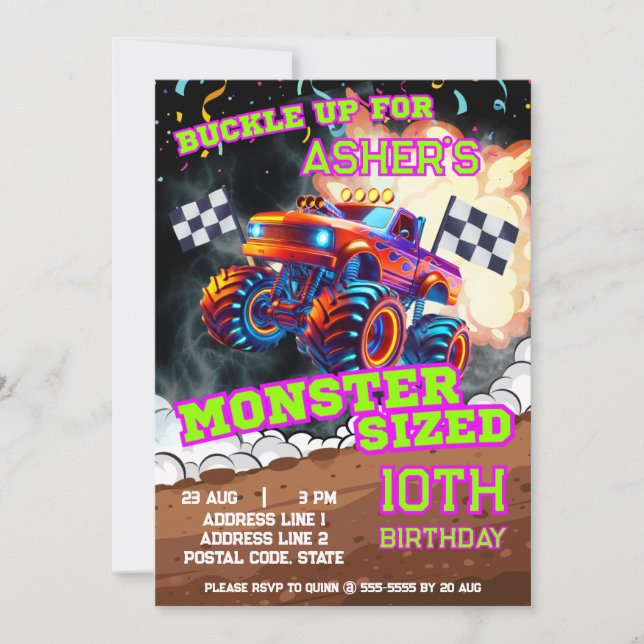 Personalised Orange & Blue Monster Truck Birthday Invitation (Front)