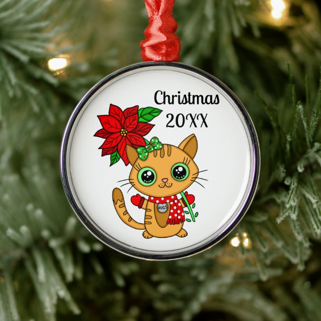 Personalised Orange Cat Holding a Poinsettia    Metal Tree Decoration (Tree)