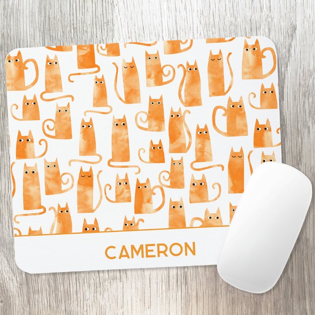 Personalised Orange Cat Mouse Mat (Personalized custom name watercolor orange ginger cat mouse mat)