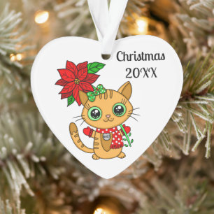 Personalised Orange Cat with Poinsettia Christmas Ornament