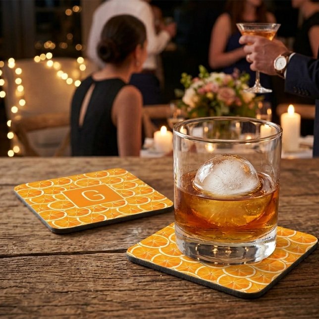 Personalised Orange Citrus Monogram Square Coaster (Creator Uploaded)