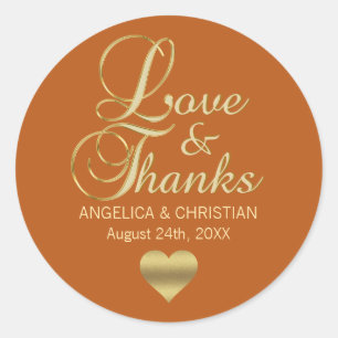 Personalised ORANGE Gold LOVE & THANKS Wedding Classic Round Sticker