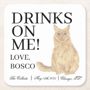 Personalised Orange Maine Coon Cat Wedding Square Paper Coaster