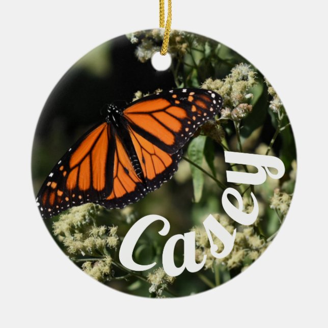 Personalised Orange Monarch Butterfly Nature Photo Ceramic Tree Decoration (Front)