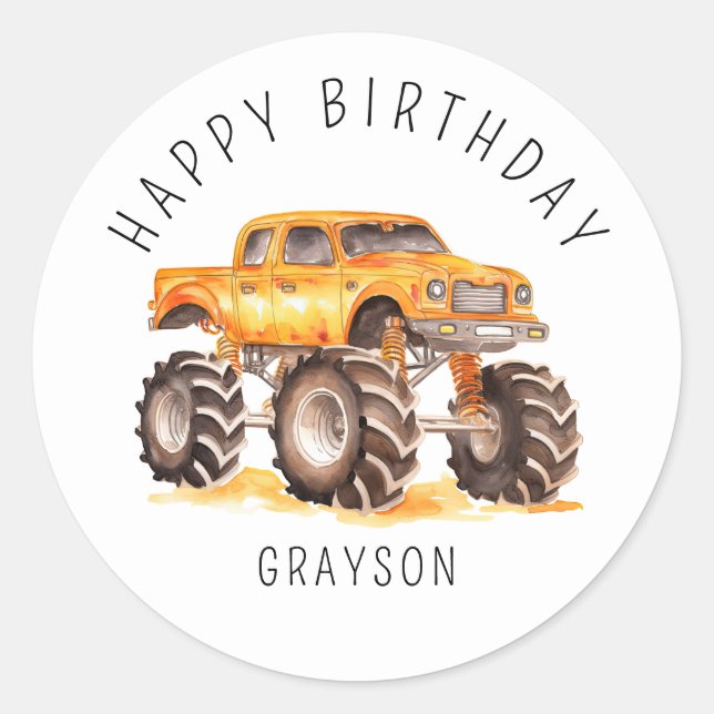 Personalised Orange Monster Truck Birthday Gift Classic Round Sticker (Front)