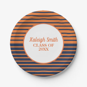 Personalised Orange Navy Blue Striped Graduation Paper Plate