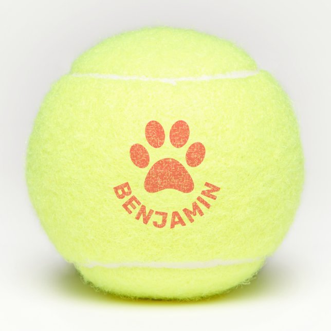 Personalised Orange Paw Print Pet Name Dog  Tennis Balls (Front)
